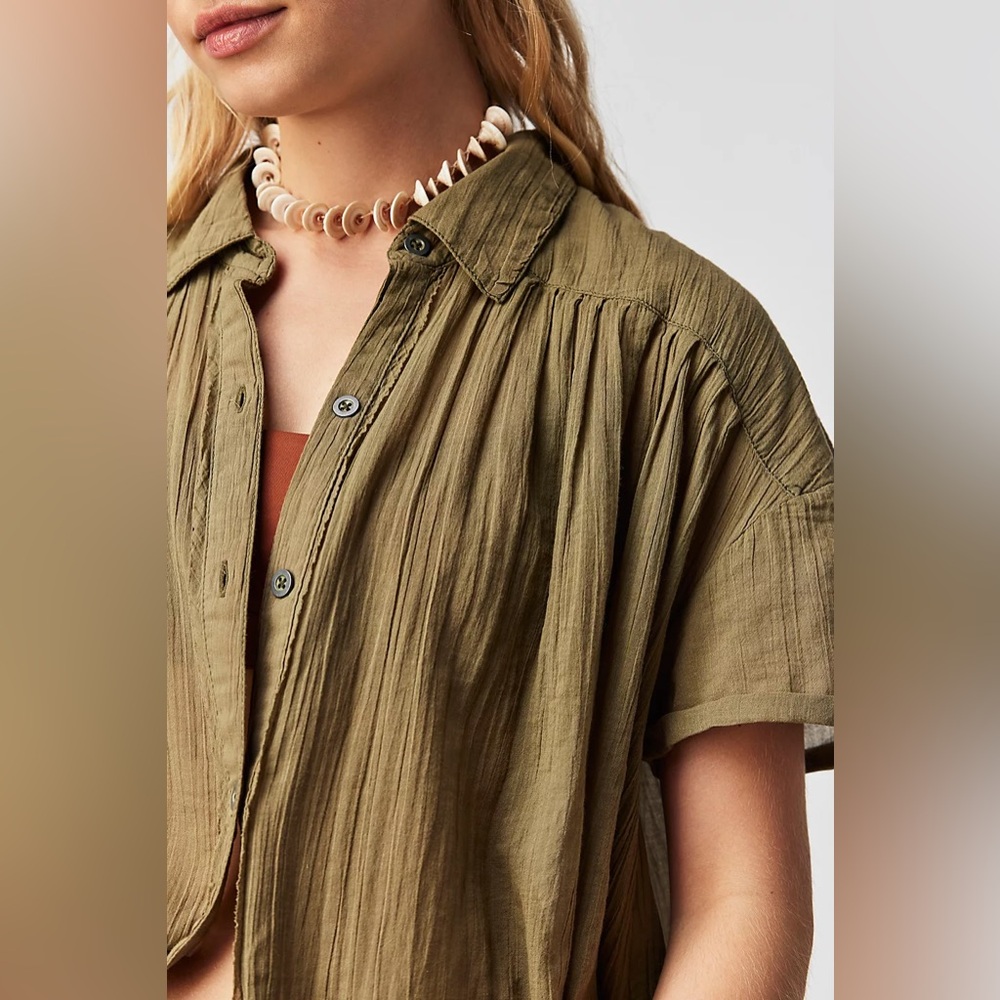 FREE PEOPLE Oversized Float Away Button Down Top NWT Olive Green - Picture 2 of 8